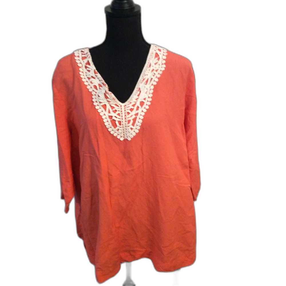 Plus size XXL Tunic lace trim womens V Neck Linen Blend Orange